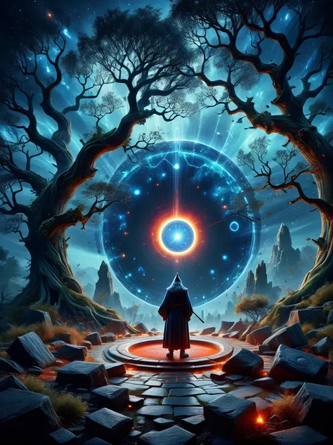 (bird&#39;s eye view:1.5)，((A wizard stands in a shimmering ancient stone magic circle and chants a spell:1.5))，(In the hexagonal red ray layout formed by the constellation adjustment:1.5)，(Mysterious runes emit an illusory blue light:1.5)，As night falls, ...