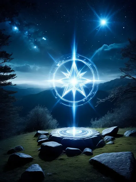 （dark fantasy），（super wide angle），((Ancient boulder magic circle，Six pointed star layout，Constellation Alignment，Mysterious runes，blue light))，(The wizard chants and whispers:1.3)，Desolate Highlands，Ancient forest，Weathered rock，Night lightning，energy，Crea...