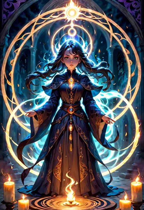 (a girl standing in the center of a magic circle),dark sorcery,detailed engravings,glowing sigils,ancient symbols,spellbinding atmosphere,mystical aura,elaborate patterns,magical flames,flickering candles,smoke swirling,ethereal mist,mysterious glow,dramat...