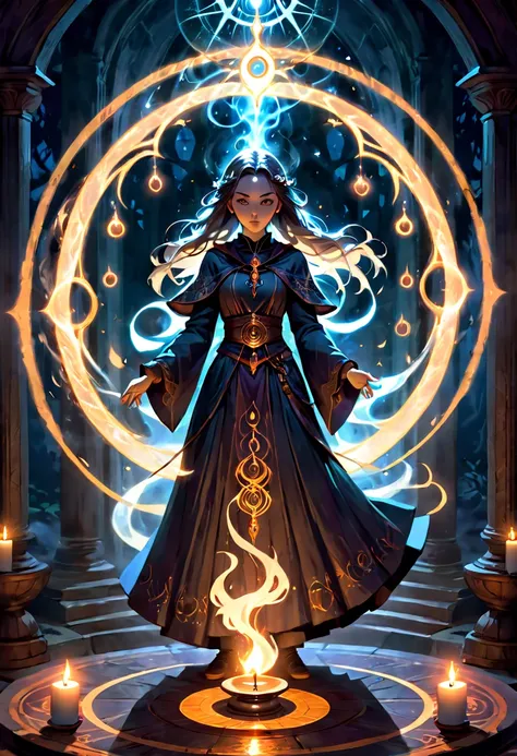 (a girl standing in the center of a magic circle),dark sorcery,detailed engravings,glowing sigils,ancient symbols,spellbinding atmosphere,mystical aura,elaborate patterns,magical flames,flickering candles,smoke swirling,ethereal mist,mysterious glow,dramat...