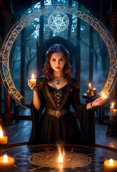 (a girl standing in the center of a magic circle),dark sorcery,detailed engravings,glowing sigils,ancient symbols,spellbinding atmosphere,mystical aura,elaborate patterns,magical flames,flickering candles,smoke swirling,ethereal mist,mysterious glow,dramat...