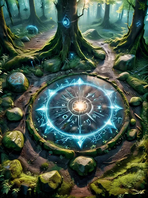 （dark fantasy），（super wide angle），In an ancient forest-surrounded wasteland, a super ancient stone magic circle predates recorded history. Comprised of numerous massive rocks, each bearing the marks of erosion, arranged in a perfect hexagram pointing to va...