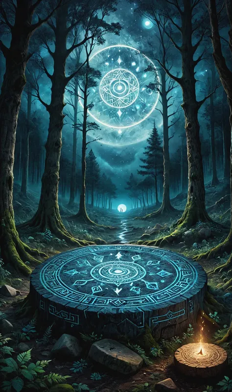 （dark fantasy），（super wide angle），In an ancient forest-surrounded wasteland, a super ancient stone magic circle predates recorded history. Comprised of numerous massive rocks, each bearing the marks of erosion, arranged in a perfect hexagram pointing to va...