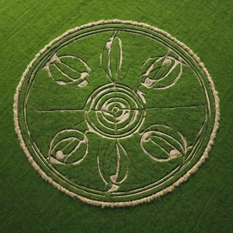 High Resolution, High Quality, Masterpiece. Shooting from a drone. Crop circles. Several circles are trampled on a green field of barley., hyper-detailed, 32k resolution, digital painting, ultra-fine details.