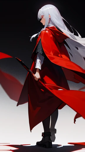 Everything from head to toe is shown、wearing a red cloak、girl with long silver hair,black background、facing forward