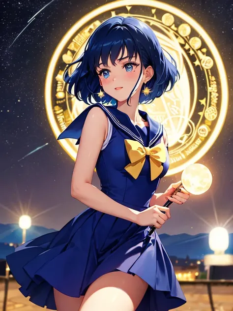 magic circle:1.4、sailor moon:1.4、magic circle_sky、magic circle_land、night、starry sky、moon in the background、赤いmagic circle、lightning、UHD, retina, masterpiece, ccurate, anatomically correct, textured skin, super detail, high details, high quality, best qual...