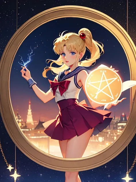 magic circle:1.4、sailor moon:1.4、magic circle_sky、magic circle_land、night、starry sky、moon in the background、赤いmagic circle、lightning、UHD, retina, masterpiece, ccurate, anatomically correct, textured skin, super detail, high details, high quality, best qual...