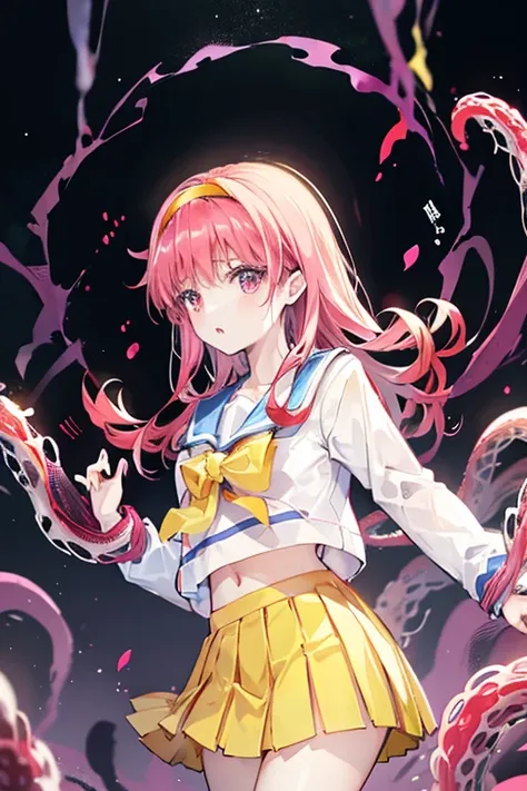 fujisaki shiori, yellow hairband, school uniform, serafuku, long sleeves, pleated skirt, Cave covered with pink raspberry groups, Tentacles entangled