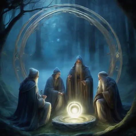 (Magic Circle:1.5), aesthetic, extremely detailed, Fantastic, Illustration, mid shot, Magic Circle, intrigued, (mystical energies:1.2) swirling within, ancient stone circle, misty forest, soft glow, two tone lighting, dim light, fantasy, contrast, watercol...