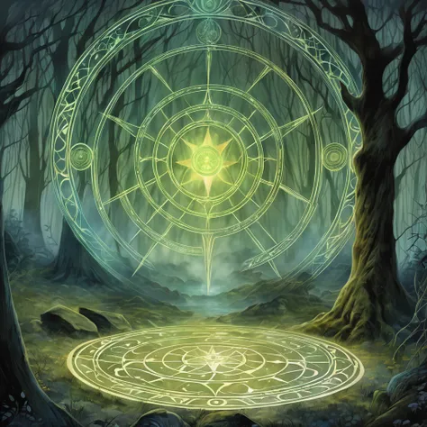 (Magic Circle:1.5), aesthetic, extremely detailed, Fantastic, Illustration, mid shot, Magic Circle, intrigued, (mystical energies:1.2) swirling within, ancient stone circle, misty forest, soft glow, two tone lighting, dim light, fantasy, contrast, watercol...