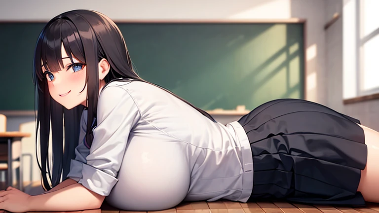 gray long hair，Good facial features，huge ，Smiling，Bust 150 cm，The breasts take up half the screen，The upper body is a white school uniform，The lower body is a black skirt，side view，profile，The figure is slightly chubby，Double tail，shy，The breasts take up h...