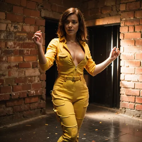 A photograph of April ONeil in medival era, detailed body, red waved hair, yellow unbuttonned jumpsuit, medium breasts, translucent nipples, 8k uhd, high quality, dark basement