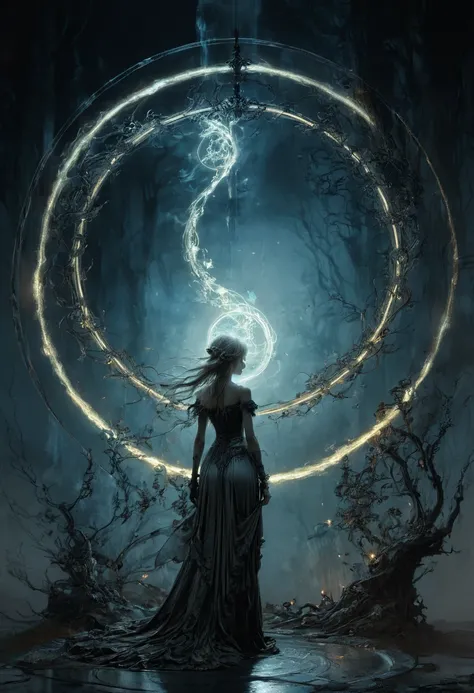 Magic Circle, Exaggerated energy, luminescence, dark fantasy concept art, Ethereal atmosphere, by Arthur Rackham, (best quality, masterpiece, Representative work, official art, Professional, Ultra intricate detailed, 8k:1.3)