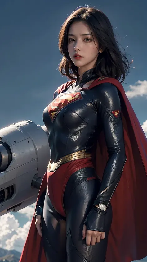 Woman wearing detailed SuperMan costume with full sleeves covering the entire body, serious face, (flying in sky), vivid colors, dramatic lighting, red cape, cinematic costume, carbon fiber detailed suit,