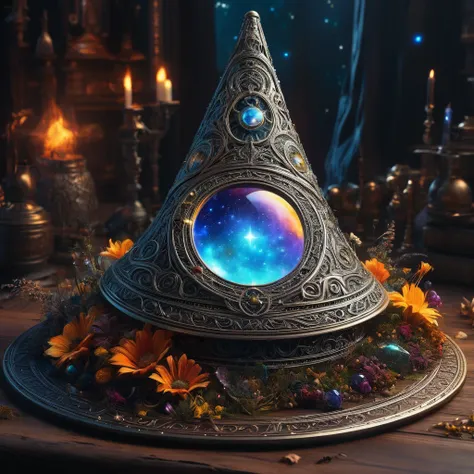 (Magic Circle:1.5), aesthetic, extremely detailed, a tattered wizards hat, hyperrealistic, hyperdetailed, photorealistic:: incredible composition, amazing depth, meticulously composed, 16k resolution concept art, fantasy :: fantasy magazine cover art, wiza...