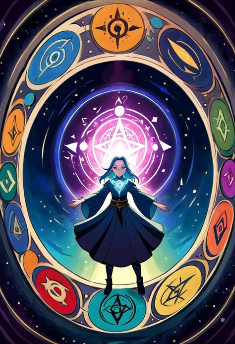 A captivating and enchanting scene of a magic circle illuminating with a kaleidoscope of vivid colors. The circle is encircled by an assortment of mystical symbols and runes, each with their own unique design. At the center of the circle, a wizard or sorce...