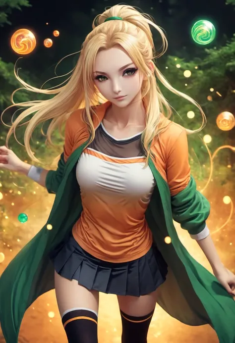 Marija, anime, extremely thin, long legs, dyed blonde hair with a high ponytail, shoes and knee-high socks, miniskirt, tnak top, powerful, shy, submissive, the goddess of magic circles, magical powers, circles of light that emanate from his hands, action, ...