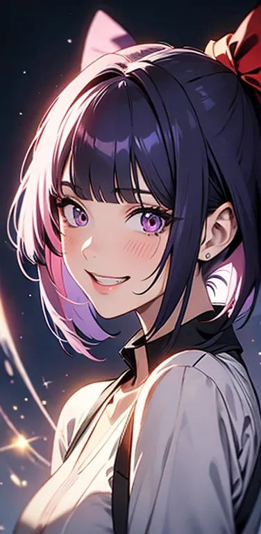 (8K、highest quality、masterpiece:1.2)、Super detailed、super resolution、Realistic、(1girl)  、(purple hair)、short hair。(blunt bangs:1.5),pink eyes、(face focus,upper body),(glowing eyes:1.4),()、(grin:1.3),open mouth、cute face,blush、small breasts,hair ribbon,(sim...