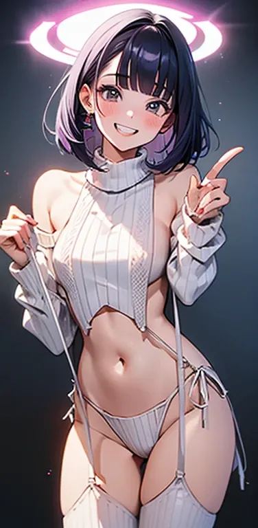 (8K、highest quality、masterpiece:1.2)、Super detailed、super resolution、Realistic、(1girl)  、(purple hair)、short hair。(blunt bangs:1.5),pink eyes、(face focus,cowboy shot),(glowing eyes:1.4),((white sweater: 1.3))、(grin:1.3),open mouth、cute face,blush、small bre...