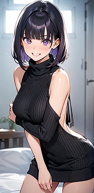 (8K、highest quality、masterpiece:1.2)、Super detailed、super resolution、Realistic、(1girl)  、(purple hair)、short hair。(blunt bangs:1.5),pink eyes、(face focus,cowboy shot),(glowing eyes:1.4),((black sweater: 1.3))、(grin:1.3),open mouth、cute face,blush、large bre...