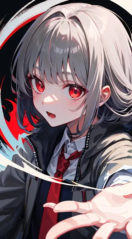 anime girl with dracula effect,red and black,dark ,grey hair,ultra focus ,ultra quality