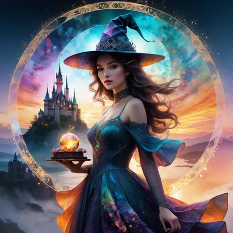 (Magic Circle:1.5), aesthetic, extremely detailed, Digital fantasy double exposure watercolor silhouetted pretty young sorceress woman with witch hat doing a magic spell with a present castle sunset in the dress. Geometric forms in the background, by Water...