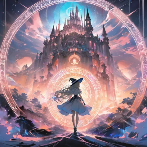 (Magic Circle:1.5), aesthetic, extremely detailed, Digital fantasy double exposure watercolor silhouetted pretty young sorceress woman with witch hat doing a magic spell with a present castle sunset in the dress. Geometric forms in the background, by Water...