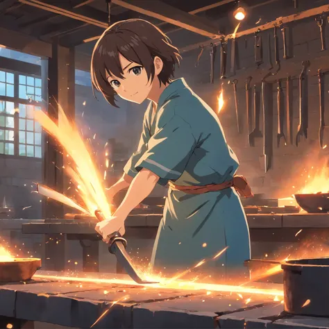 obra-prima, melhor qualidade, filme ainda,Visualize a blacksmiths workshop where a skilled artisan hammers a piece of metal into a magnificent blade, symbolizing the shaping of ones own destiny, demon