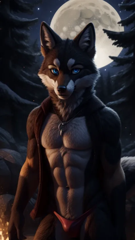 suggestive content A fursuit Fox male a passionate Indian alone in the forest bright blue eyes blurred night background with full moon looking at the viewer serious expression wearing only a thong extremely sexy a unique and original cinematic style in 5D