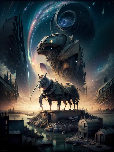 general shot: 1.3, masterpiece, ((apocalyptic city scenery with a night sky and starry mutant animals: 1.5)),(( full of stars and galaxies: 1.5)), very beautiful digital art, digital art. highly detailed and highly detailed magical fantasy, colorful digita...