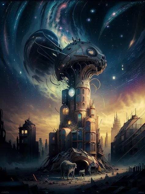 general shot: 1.3, masterpiece, ((apocalyptic city scenery with a night sky and starry mutant animals: 1.5)),(( full of stars and galaxies: 1.5)), very beautiful digital art, digital art. highly detailed and highly detailed magical fantasy, colorful digita...