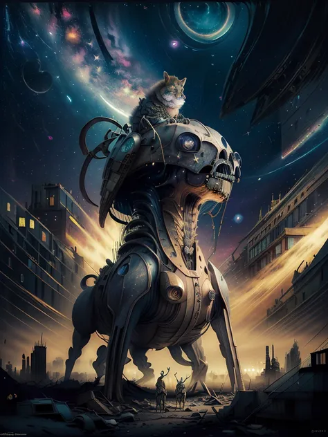 general shot: 1.3, masterpiece, ((apocalyptic city scenery with a night sky and starry mutant animals: 1.5)),(( full of stars and galaxies: 1.5)), very beautiful digital art, digital art. highly detailed and highly detailed magical fantasy, colorful digita...