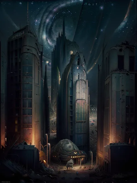 general shot: 1.3, masterpiece, ((apocalyptic city scenery with a night sky and starry mutant animals: 1.5)),(( full of stars and galaxies: 1.5)), very beautiful digital art, digital art. highly detailed and highly detailed magical fantasy, colorful digita...