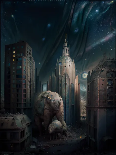 general shot: 1.3, masterpiece, ((apocalyptic city scenery with a night sky and starry mutant animals: 1.5)),(( full of stars and galaxies: 1.5)), very beautiful digital art, digital art. highly detailed and highly detailed magical fantasy, colorful digita...