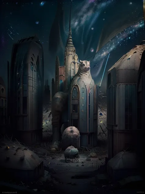 general shot: 1.3, masterpiece, ((apocalyptic city scenery with a night sky and starry mutant animals: 1.5)),(( full of stars and galaxies: 1.5)), very beautiful digital art, digital art. highly detailed and highly detailed magical fantasy, colorful digita...