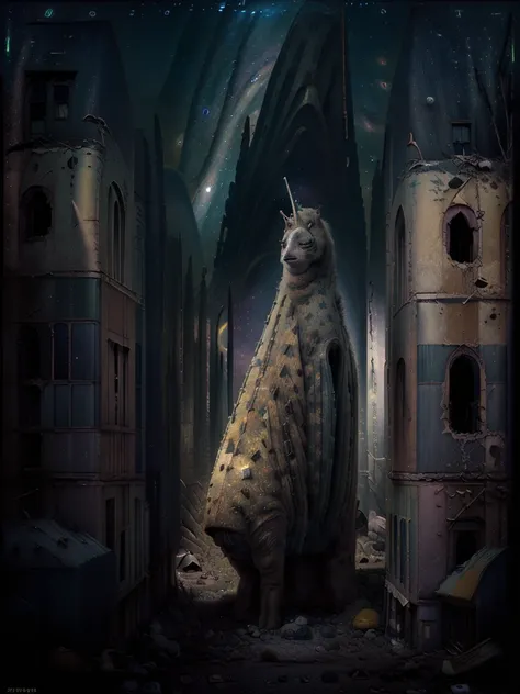 general shot: 1.3, masterpiece, ((apocalyptic city scenery with a night sky and starry mutant animals: 1.5)),(( full of stars and galaxies: 1.5)), very beautiful digital art, digital art. highly detailed and highly detailed magical fantasy, colorful digita...