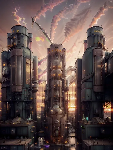 long shot: 1.3, masterpiece, ((industrial city scene with sky with sunset: 1.5)),(( machinery, metal: 1.5)), very beautiful digital art, digital art. highly detailed and highly detailed magical fantasy, colorful digital fantasy art, highly detailed digital...