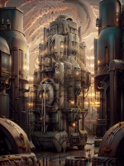 long shot: 1.3, masterpiece, ((industrial city scene with sky with sunset: 1.5)),(( machinery, metal: 1.5)), very beautiful digital art, digital art. highly detailed and highly detailed magical fantasy, colorful digital fantasy art, highly detailed digital...