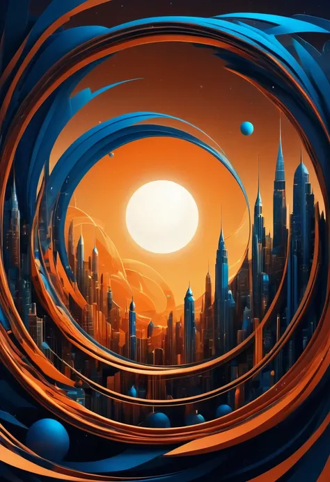 (best quality, highres, ultra sharp), city inside a infinite Magic Circle, dark tones of orange, brown, blue, and gray colors, about the curvature of space time, art deco, 3d crunch,