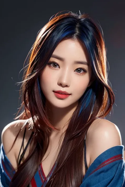 one realistic korean model , hair model, Unique hair details, messy shoulder length hair, Long fringe hair, Wolfcut hairstyle, Blue and red gradient hair color, Piercing of bird feathers up to the shoulder, Near future , double eyelid, big happy smile with...