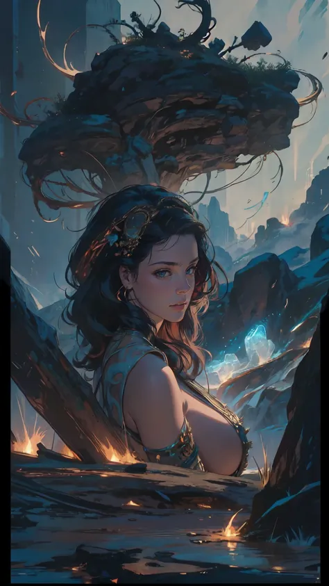 ((Tribal maiden)) amidst the remnants of an ancient civilization, facing a turbulent storm, swirling clouds, dynamic composition, painterly details, fantasy realism, captivating and dark ambiance."