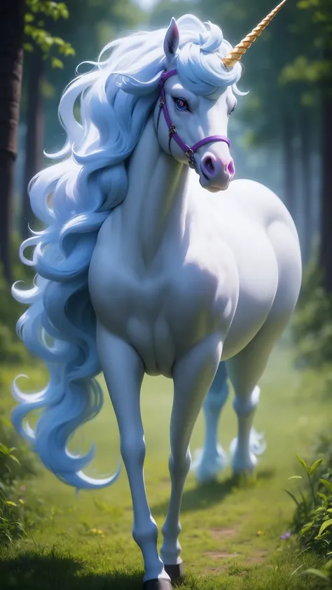 {-erro_de_anatomia:1.0} There is a white unicorn girl, blue mane and long mane, white unicorn, unicorn, unicorn horns, A unicorn, celestia, Nine stories, blue unicorn, soft dreamy, cinematic light《fangs》Unicorn in, mythological creatures, a mythical creatu...