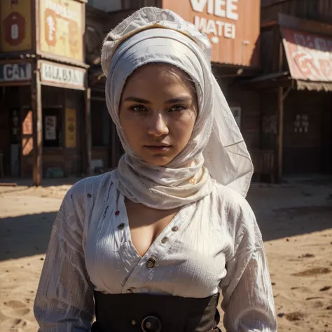 A (rugged man resembling Clint Eastwood, wild west gunslinger dressed in white), (busty malaysian gunslinger, age 20 immensely busty, hijab no hair showing), old west town sunset, (best quality,4k,8k,highres,masterpiece:1.2), ultra-detailed, (realistic,pho...