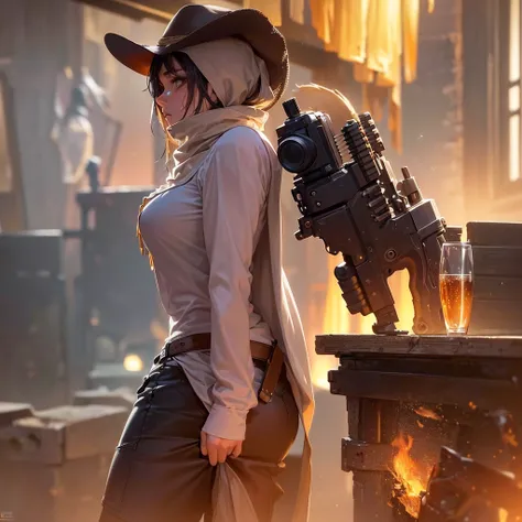 (extreme complexity)(two subjects) (Western gunfighter showdown), A (rugged man resembling Clint Eastwood, wild west gunslinger dressed in white), (busty malaysian gunslinger, age 20 immensely busty, hijab no hair showing), old west town sunset, (best qual...