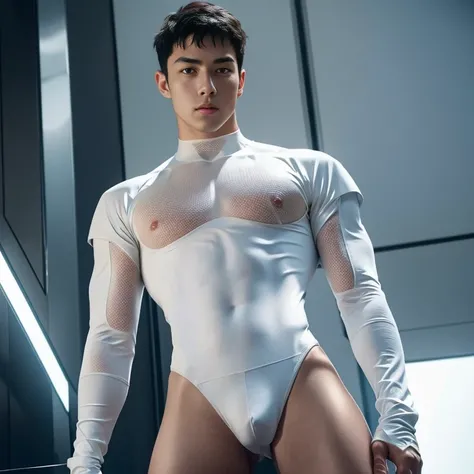 (masutepiece,High resolution,ultra - detailed:1.0),1(Boy,Robot Boy),Perfect male body,Look at the camera,Delicate eyes and delicate face,extremely details CG,Unity 8k壁纸,intricate-detail,solo person,Detailed face, (Futuristic skin-perfect white bodysuit), B...