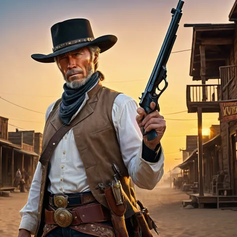 (extreme complexity)(two subjects) (Western gunfighter showdown), A (rugged man resembling Clint Eastwood, wild west gunslinger dressed in white), (busty malaysian gunslinger, age 20 immensely busty, hijab no hair showing), old west town sunset, (best qual...