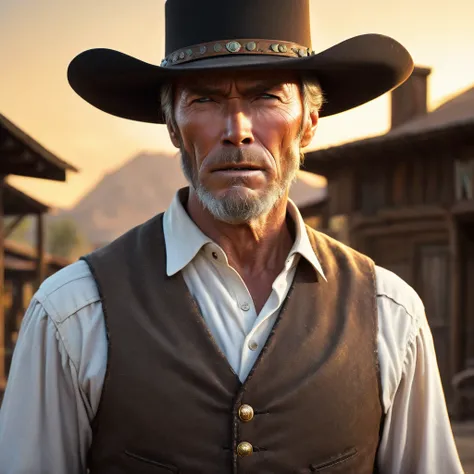 (extreme complexity)(two subjects) (Western gunfighter showdown), A (rugged man resembling Clint Eastwood, wild west gunslinger dressed in white), (busty malaysian gunslinger, age 20 immensely busty, hijab no hair showing), old west town sunset, (best qual...