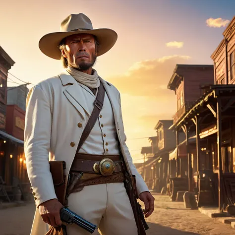 (extreme complexity)(two subjects) (Western gunfighter showdown), A (rugged man resembling Clint Eastwood, wild west gunslinger dressed in white), (busty malaysian gunslinger, age 20 immensely busty, hijab no hair showing), old west town sunset, (best qual...