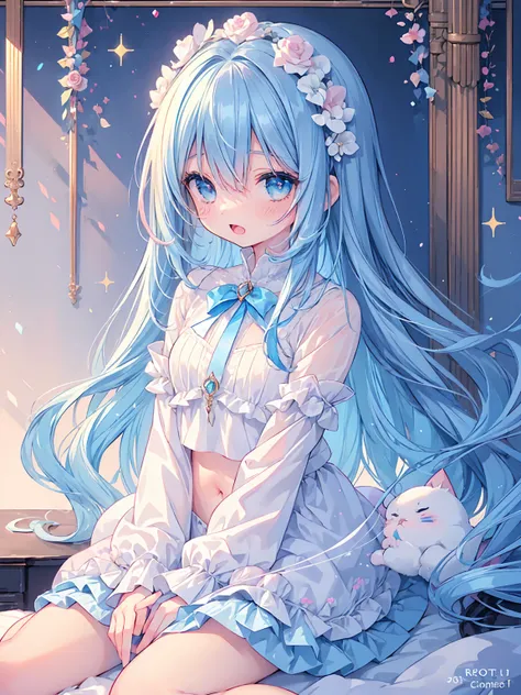 masterpiece, best quality, extremely detailed, (illustration, official art:1.1), 1 girl ,(((( light blue long hair)))), light blue hair, ,10 years old, long hair ((blush)) , cute face, big eyes, masterpiece, best quality,(((((a very delicate and beautiful ...