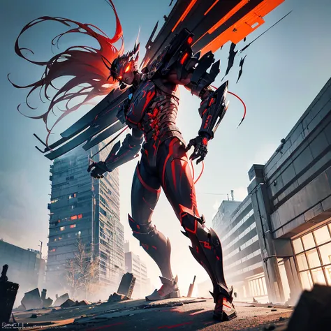 A battered cyborg samurai, with obvious damage, is facing off against the evil boss Mecha ninja in an urban decay setting. The scene unfolds with intense energy as the cyborg samurai prepares to engage in an epic battle. The cyborg samurai stands tall, ema...